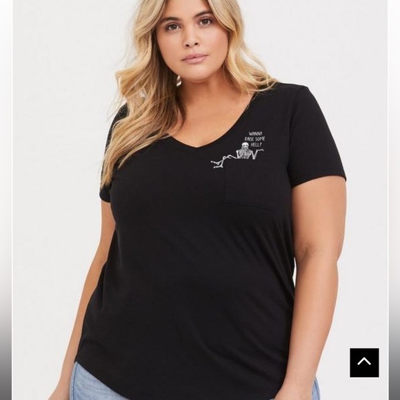 Torrid Raise Some Hell Black V-Neck Pocket Tee Skeleton Halloween Spooky - Picture 2 of 9